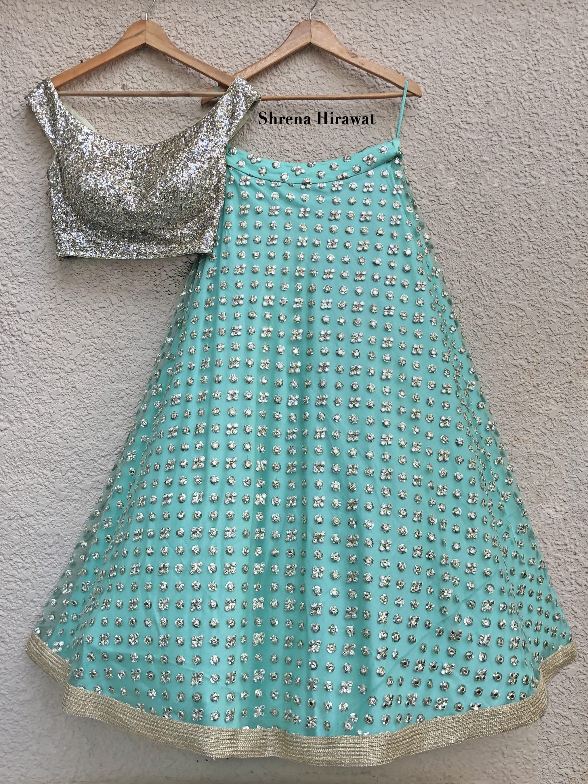 Silver Sequins Blouse with Aqua Mirror Work Lehenga - S image