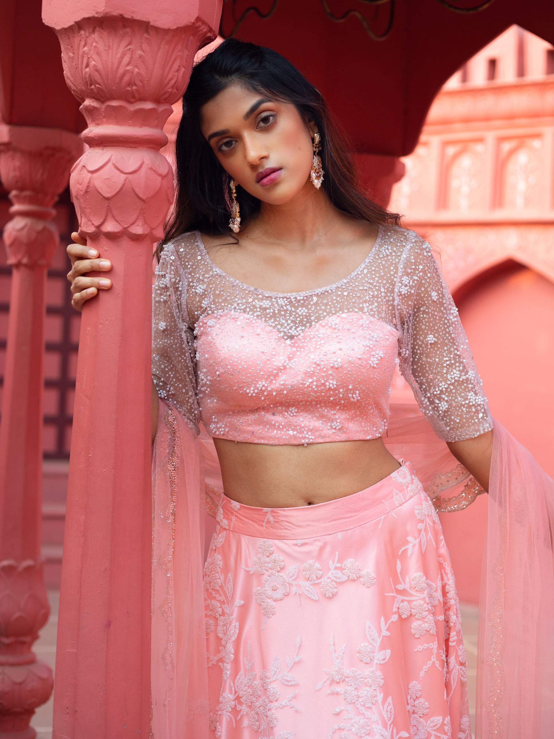 Peach Floral Bead Lehenga Set image 3