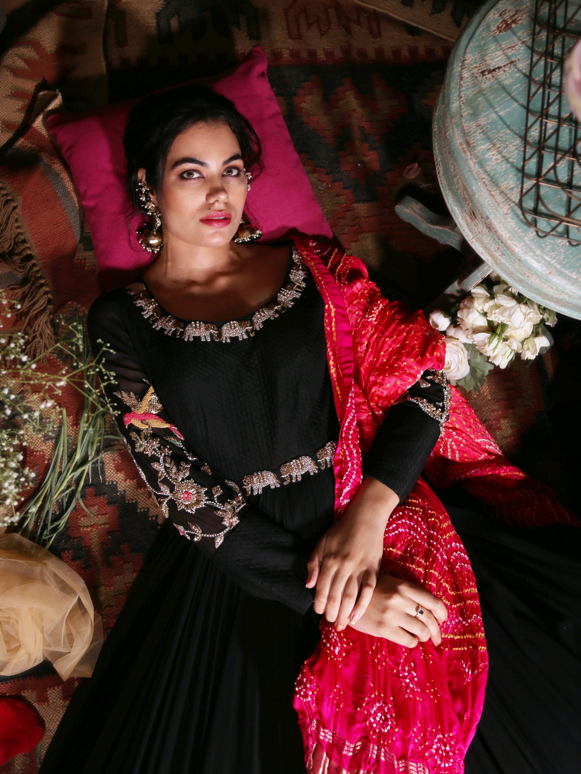 Black Anarkali with Pink Bandhani Dupatta image 3