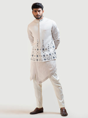 Cream Phulkari Nehru Kurta Set - XL image