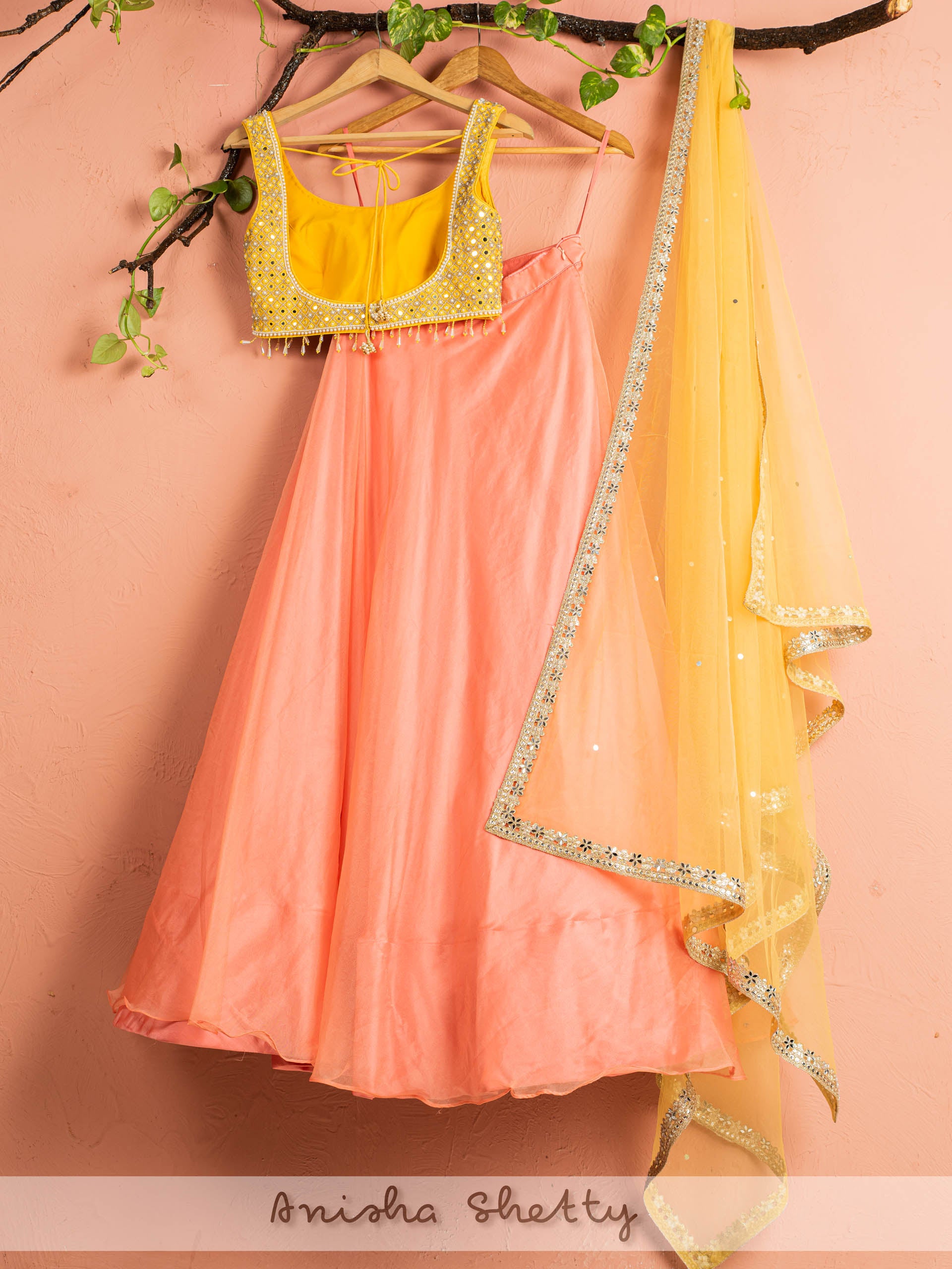 Melon Orange and Pineapple Yellow Lehenga Set image 1