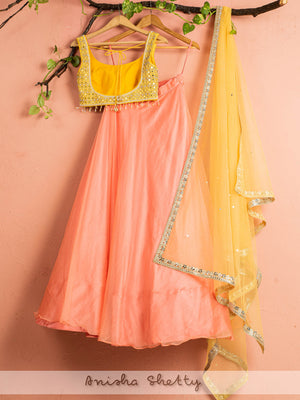 Melon Orange and Pineapple Yellow Lehenga Set image 1