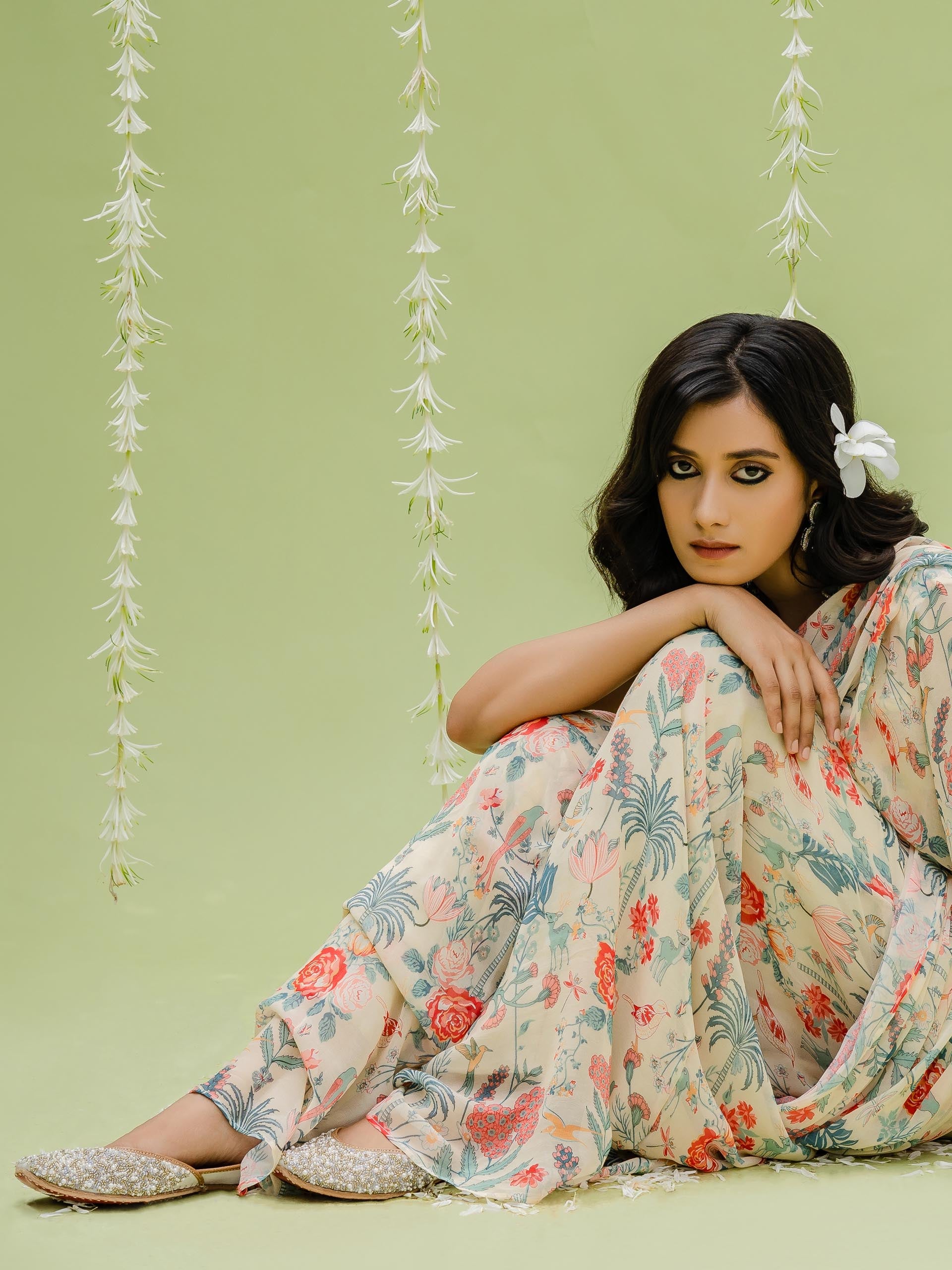 Tropical Print Pre Draped Saree Set image 3