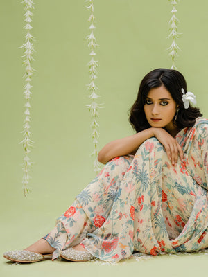 Tropical Print Pre Draped Saree Set image 3