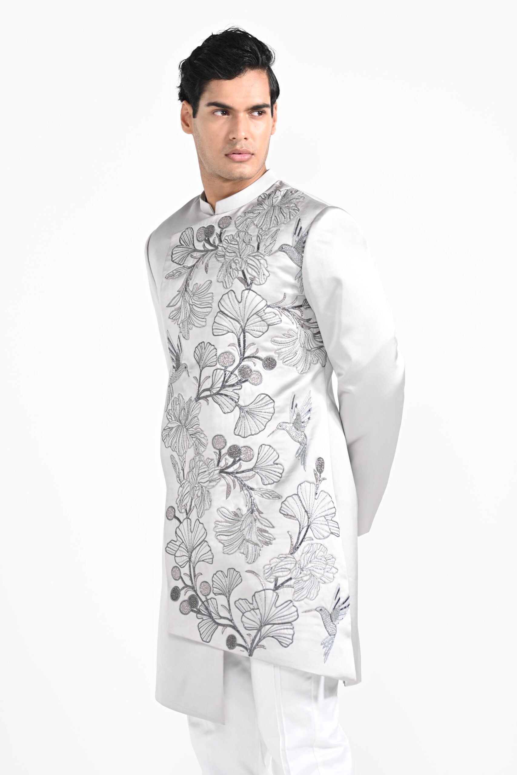 Barely Grey Satin Achkan Set image 8