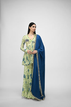 Peacock Highlighted Peplum Kurta Paired with Peacock Sharara Pants With Embroidered Dupatta - Custom image