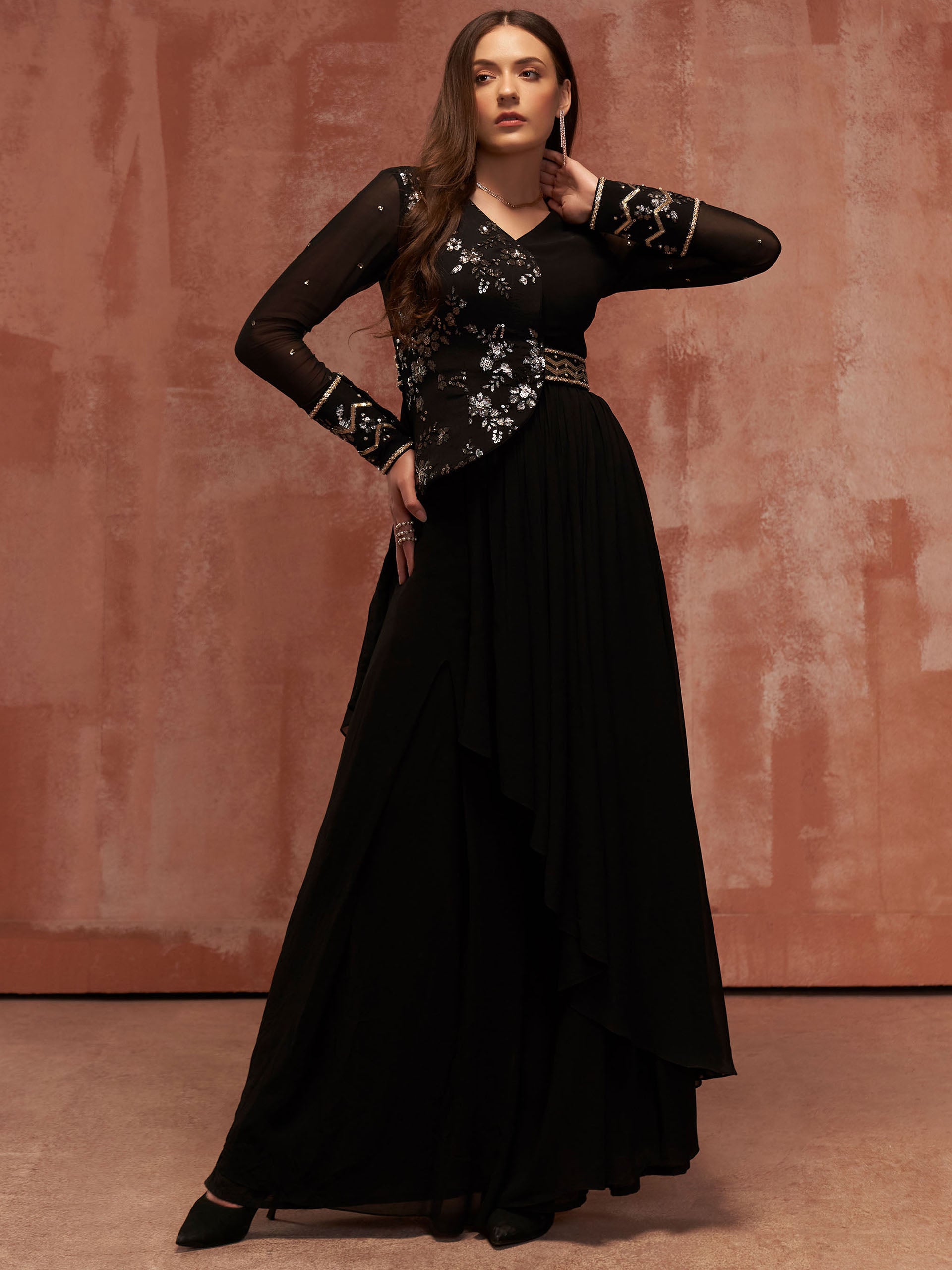 Black Asymmetric Flared Pant Set - S image