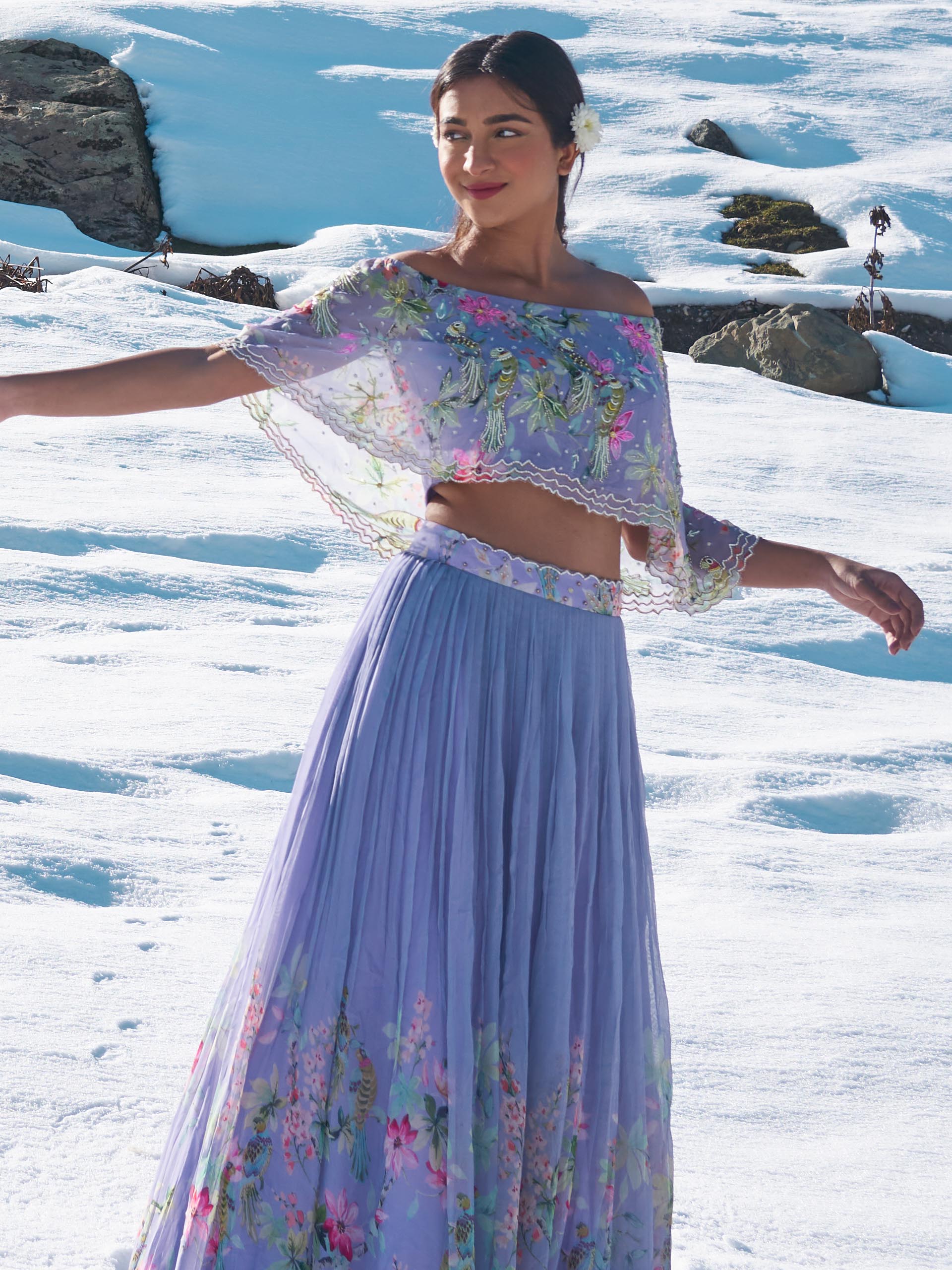 Lavender Floral Cape Lehenga Set image 3