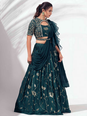 Bottle Green Embroidered Lehenga Set image 2