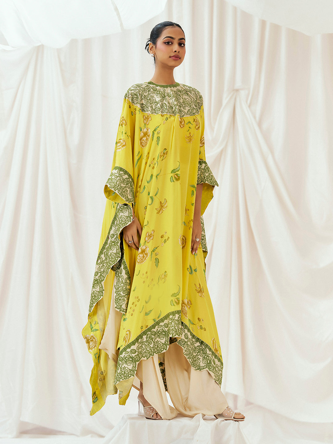 Bright Yellow Printed Embroidered Kaftan Set - L image