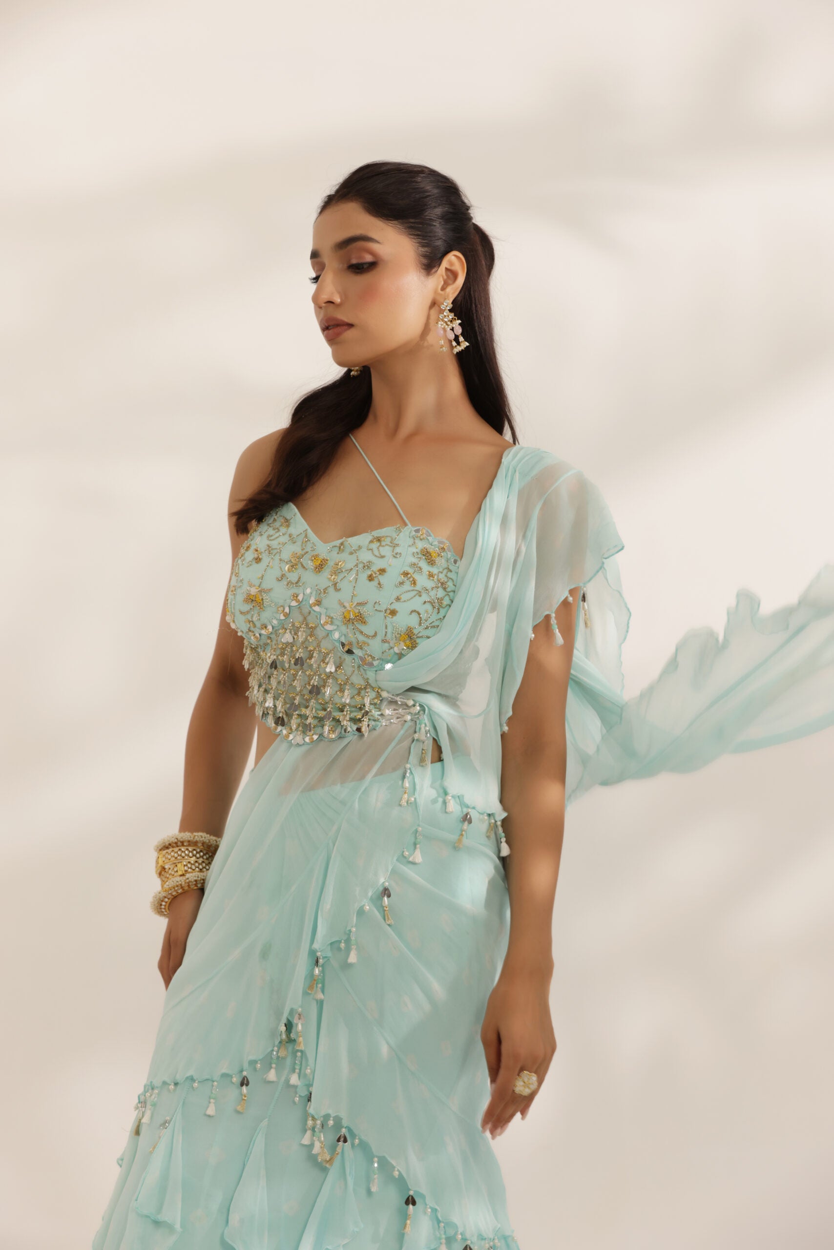 Sky Blue Ruffled Lehenga With Attached Pallu image 2
