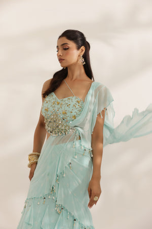 Sky Blue Ruffled Lehenga With Attached Pallu image 2
