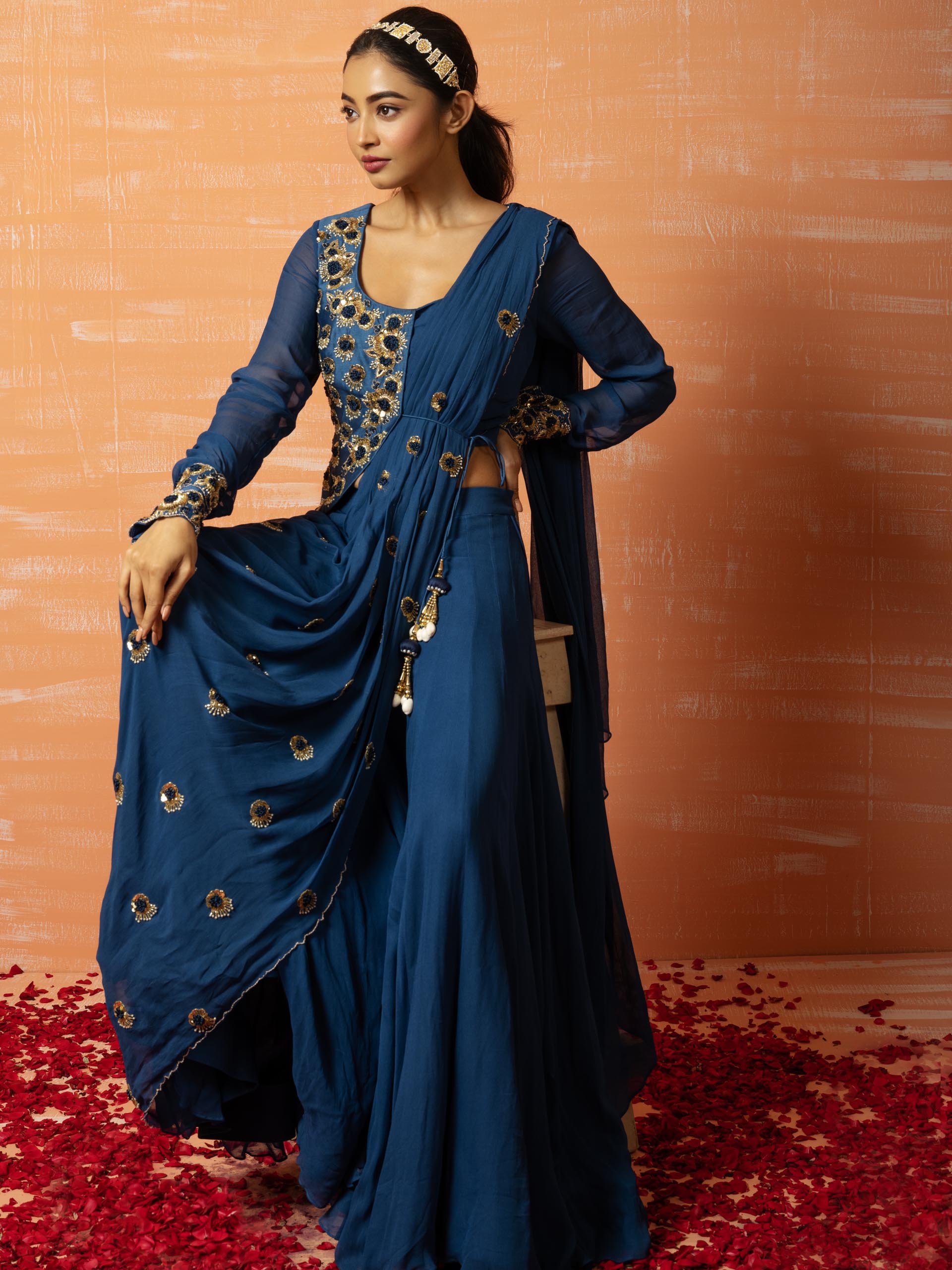 Peacock Blue Sharara Saree Set - XL image