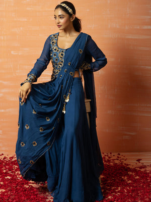 Peacock Blue Sharara Saree Set - XL image