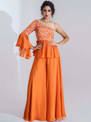Orange Floral Flared Pant Set - S image