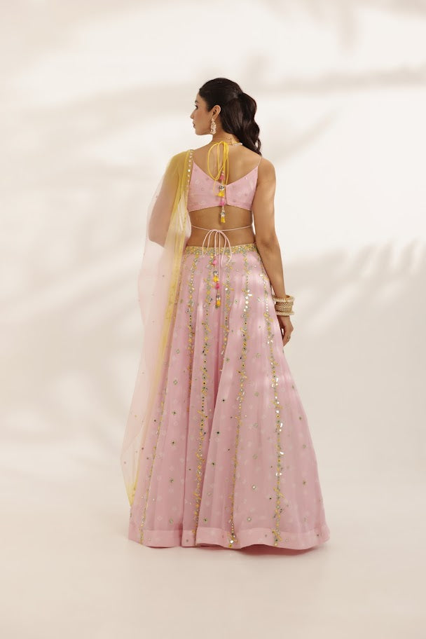 Pastel Pink and Yellow Mirror Work lehenga image 8