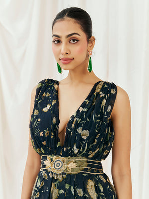 Navy Blue Printed Embroidered Gown image 6