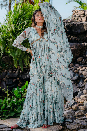 Powder Blue Printed &amp; Embroidered Sharara Set - M image