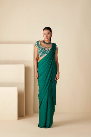 Green Embroidered Pre-Drape Saree - S image