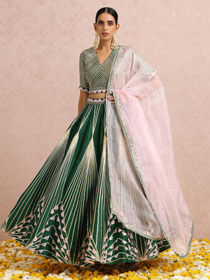 Green Embroidered Stripe Lehenga Set - Custom image