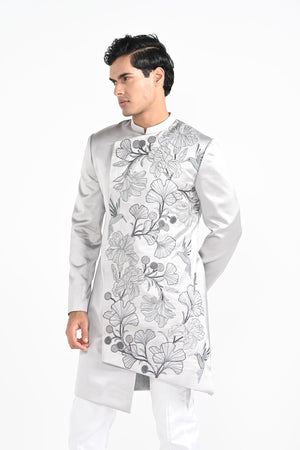 Barely Grey Satin Achkan Set image 9