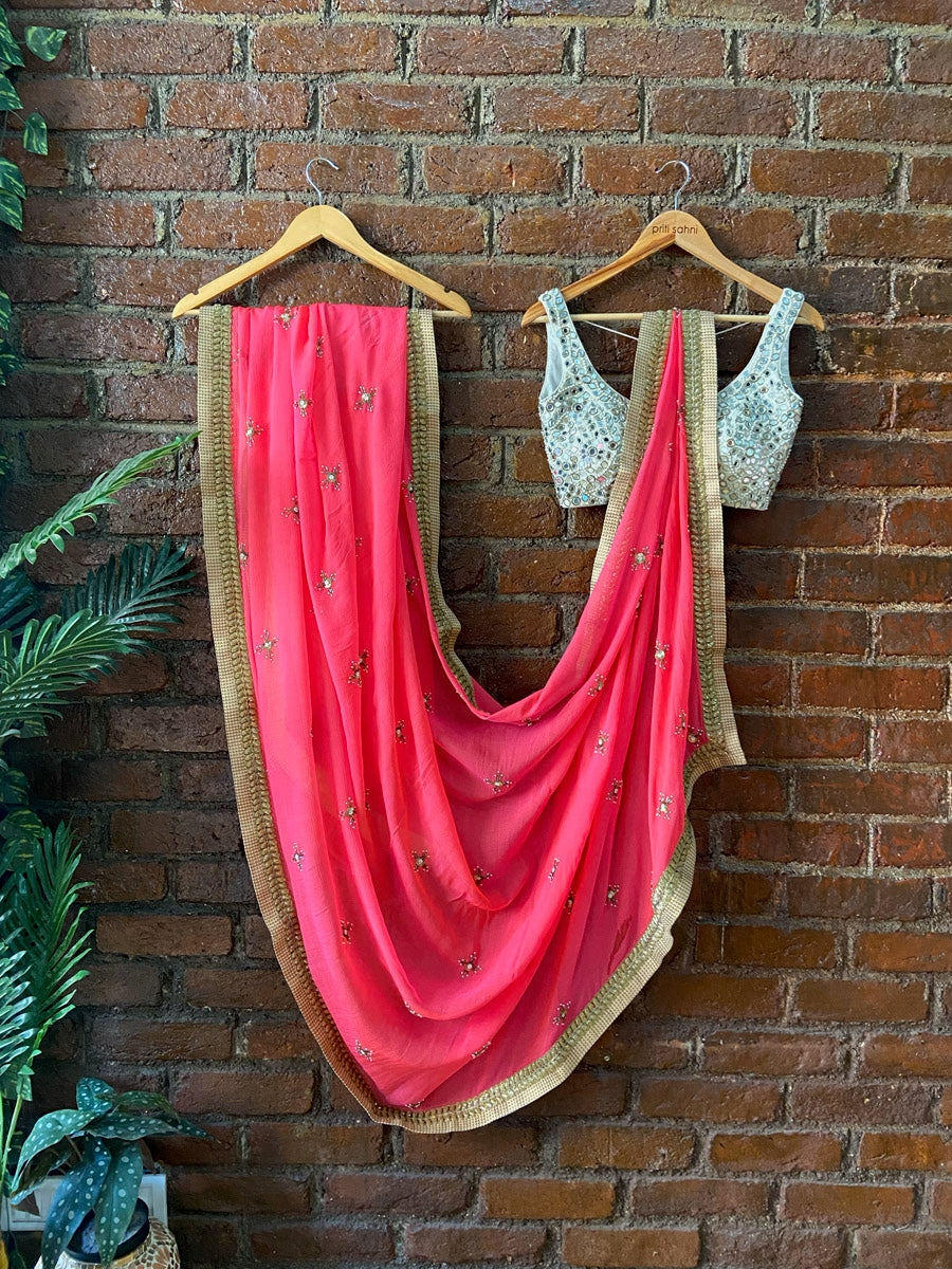 Crimson Chiffon Saree With Mirror Blouse image 0