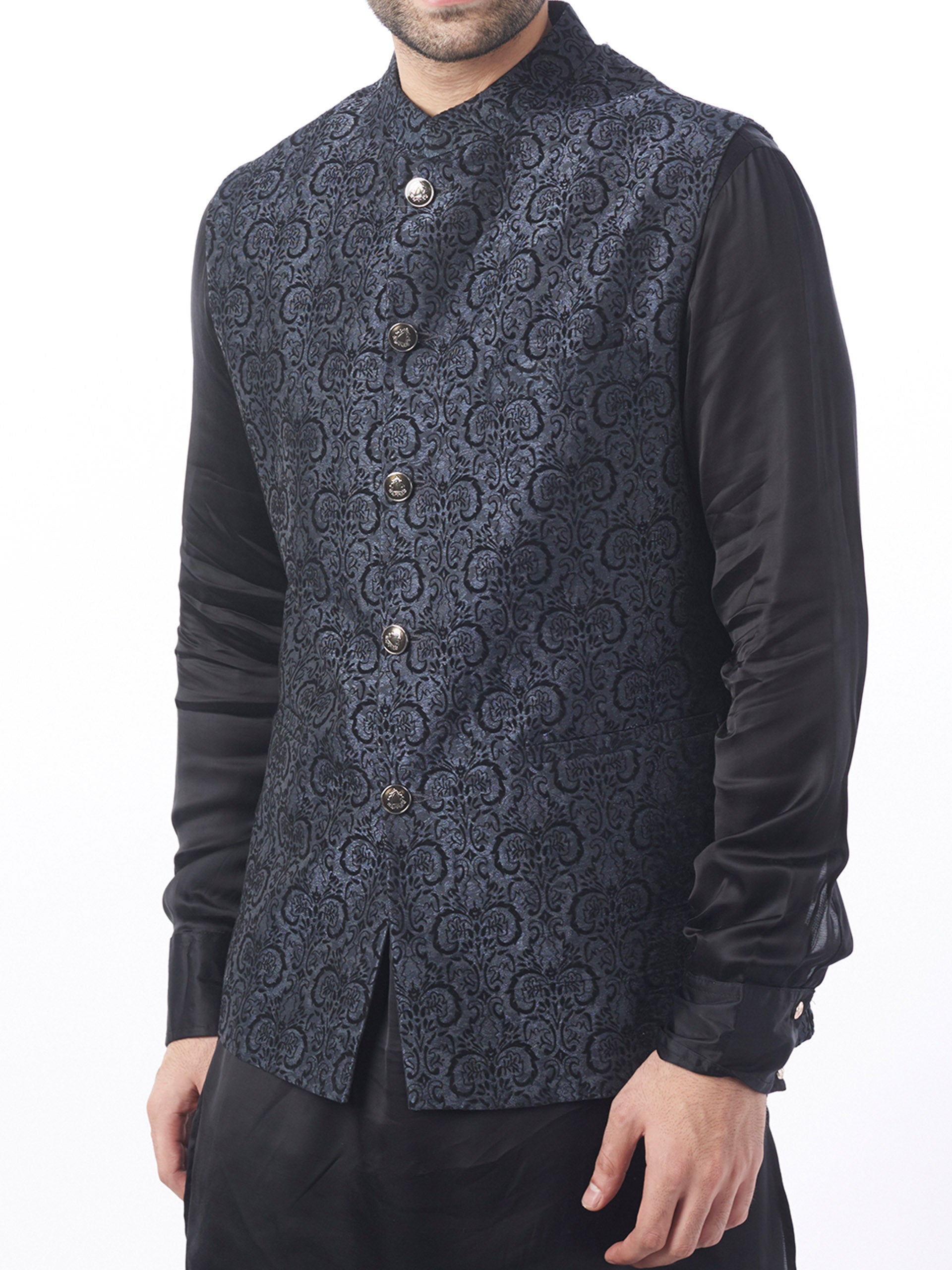 Black Gray Brocade Bundi Jacket Set image 1