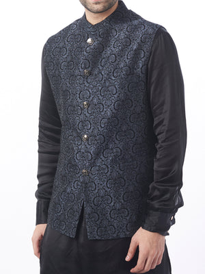 Black Gray Brocade Bundi Jacket Set image 1