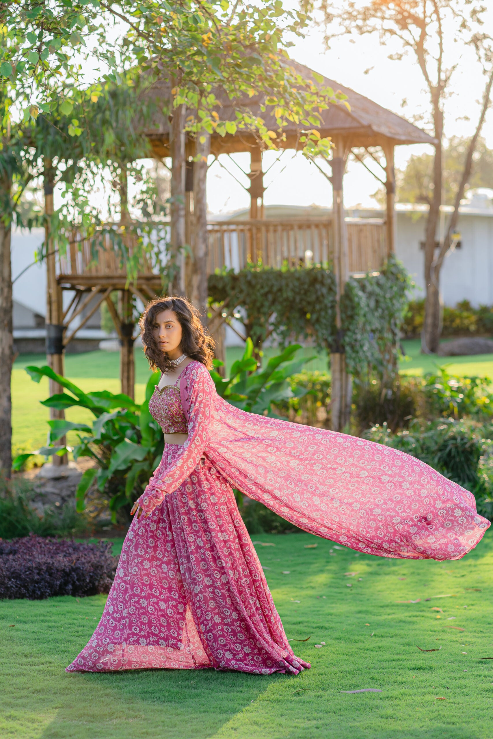 Mauve Printed &amp; Embroidered Long jacket &amp; pallazo pants Set image 5