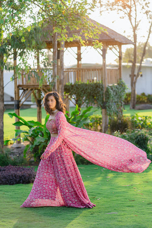 Mauve Printed &amp; Embroidered Long jacket &amp; pallazo pants Set image 5