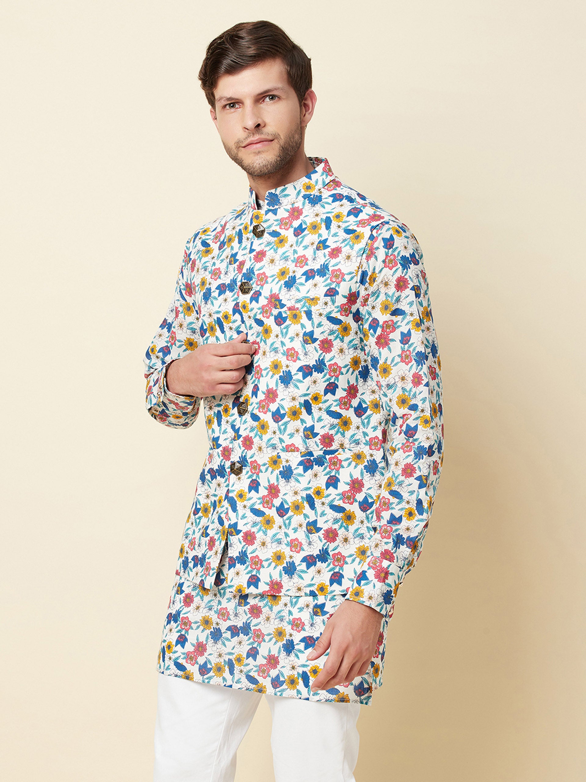 Multicolored Floral Print Jacket with Kurta Set image 4