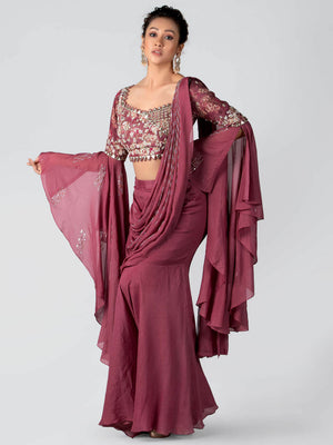 Pre-Drape Mauve Fish Cut Saree Set image 3