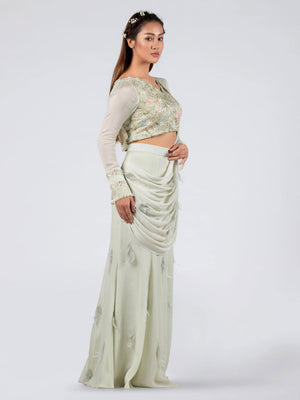 Pre Drape Mint Saree Set image 3