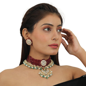 22KT Gold Plated Maroon Choker Necklace Set image 4