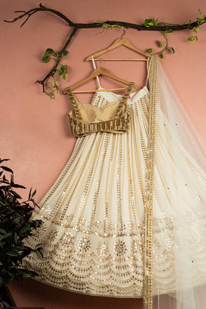 Ivory Sequin Starlight Lehenga with Gold Blouse and Ivory Dupatta image 3