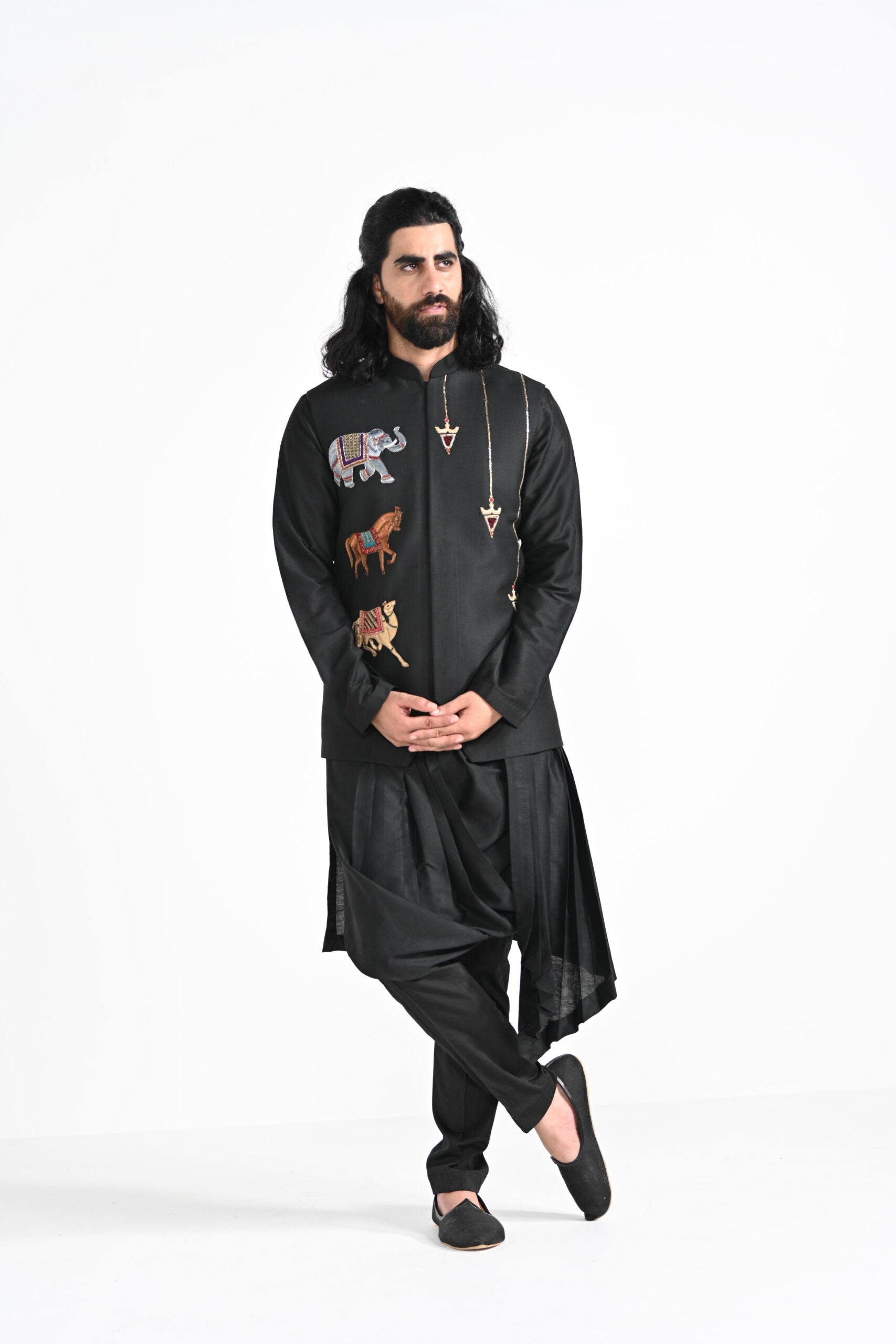 Rajasthani Trotting Animals Nehru With Cowl Hem Drape Kurta Set image 0