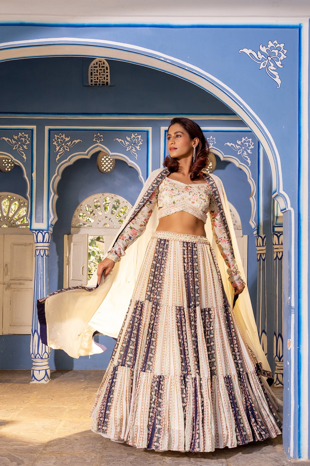 Off White Blue Layer Lehenga Set - L image
