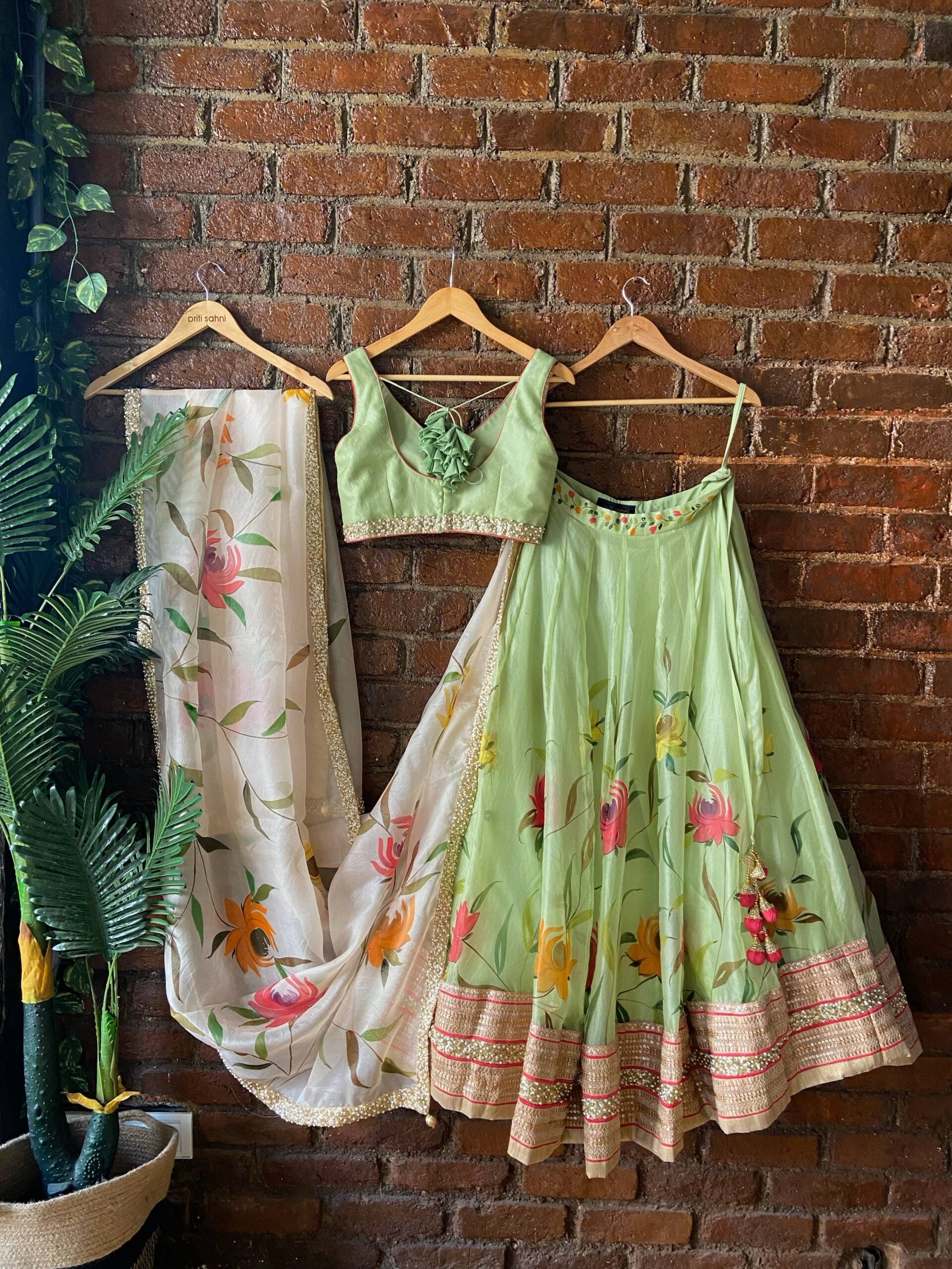 Mint Hand Painted Organza Lehenga Set image 2