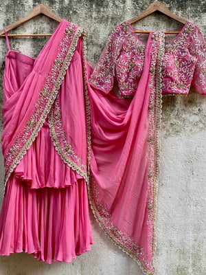 Pink Ruffled Embroidered Pre-stitched Saree Set - XL image
