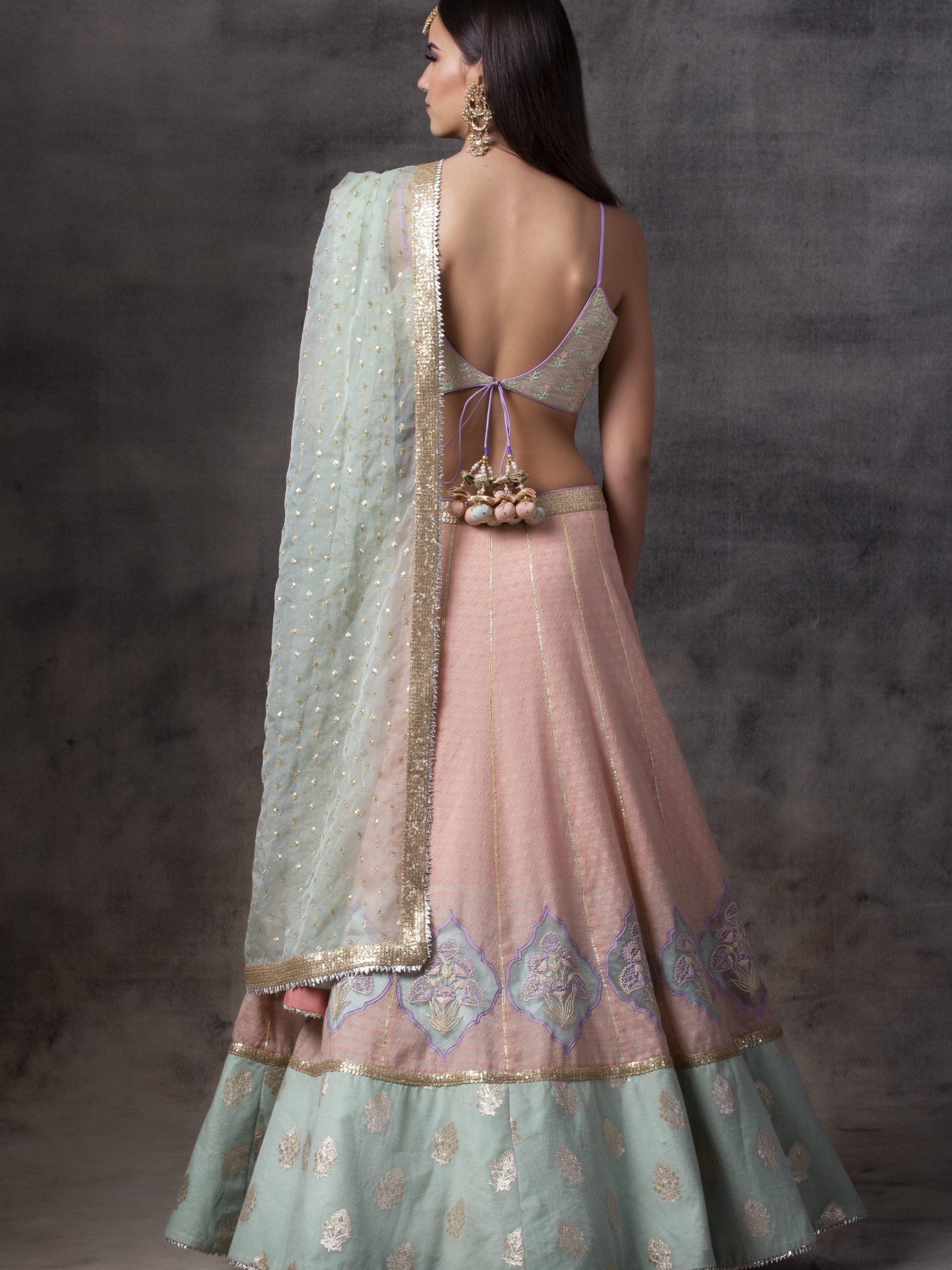 Peach Chanderi Lehenga with Gold Choli image 1