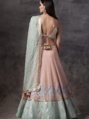 Peach Chanderi Lehenga with Gold Choli image 1