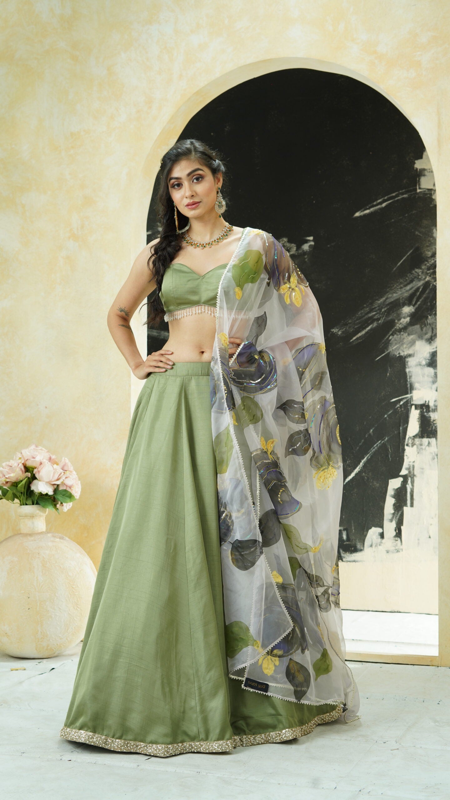 Sage Green lehenga set with hand painted  dupatta image 0