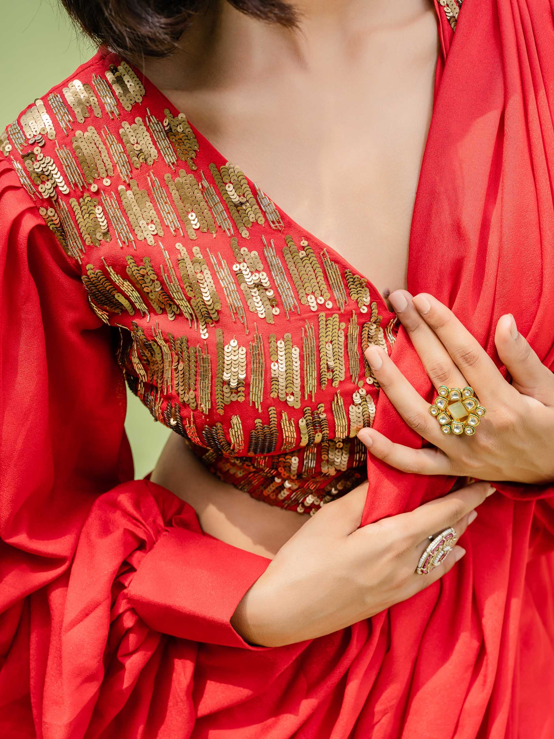 Hot Red Pre Draped Saree Set image 3