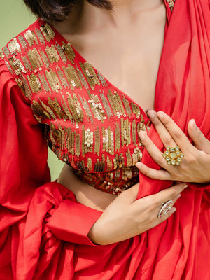 Hot Red Pre Draped Saree Set image 3
