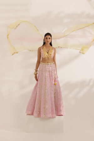 Pastel Pink and Yellow Mirror Work lehenga image 5