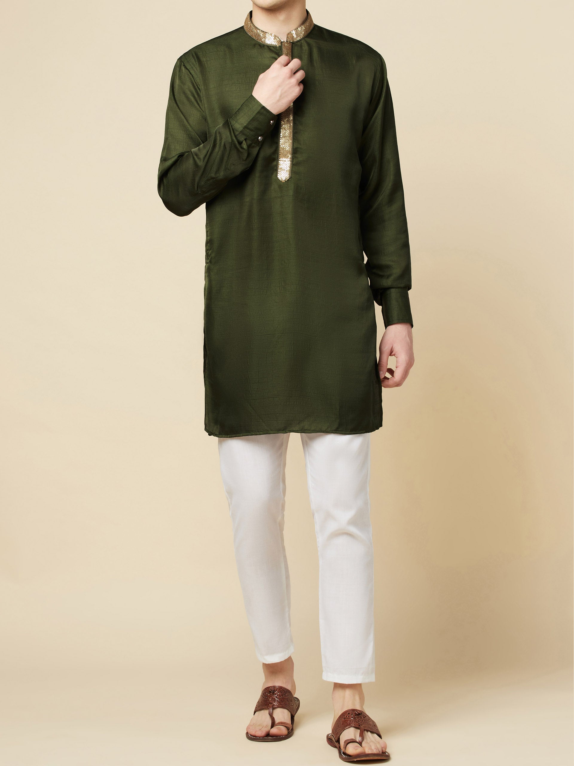 Olive Green Art Silk Kurta image 2