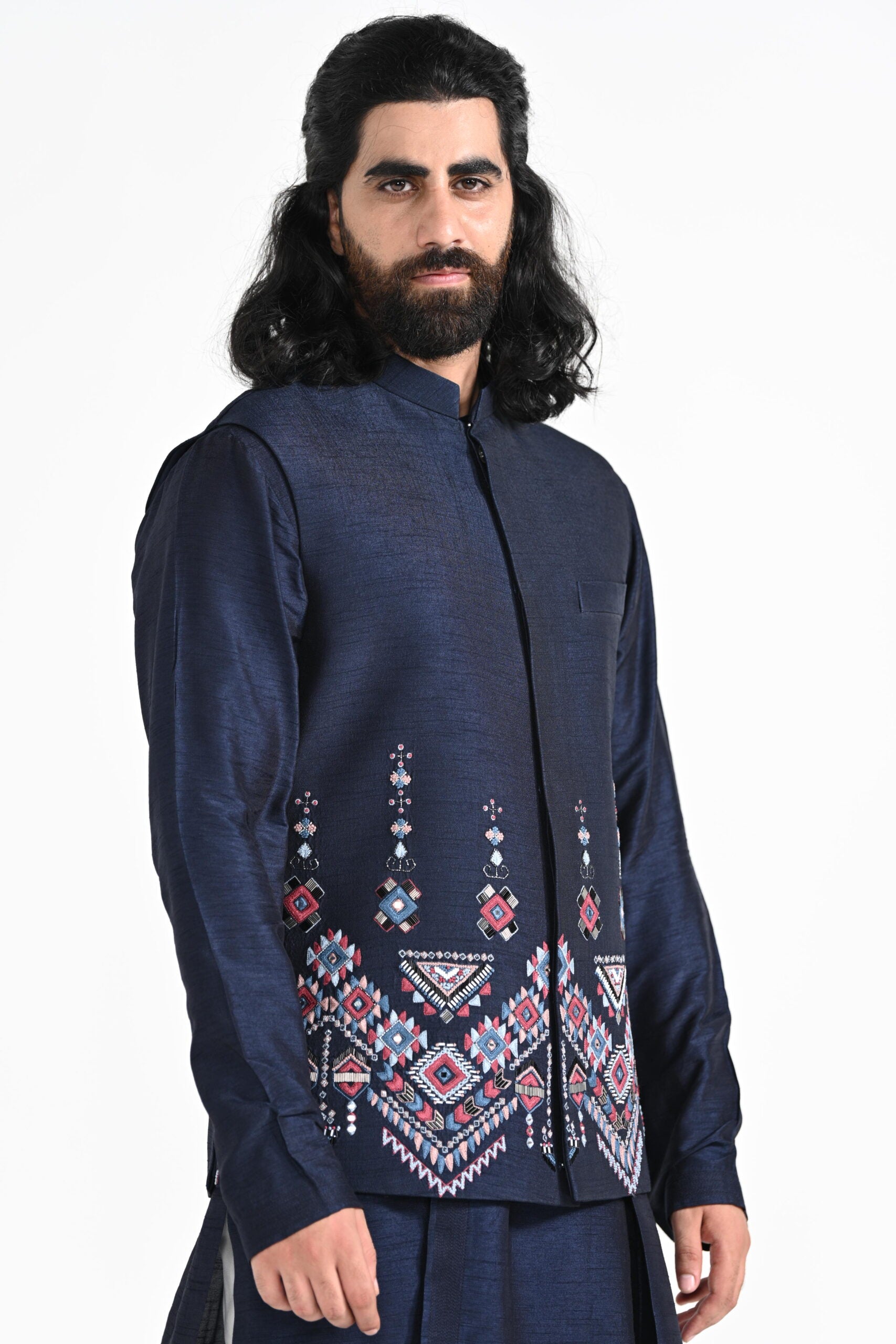 Navy Phulkari Inspired Nehru With Overlapping Layered Kurta Set image 2