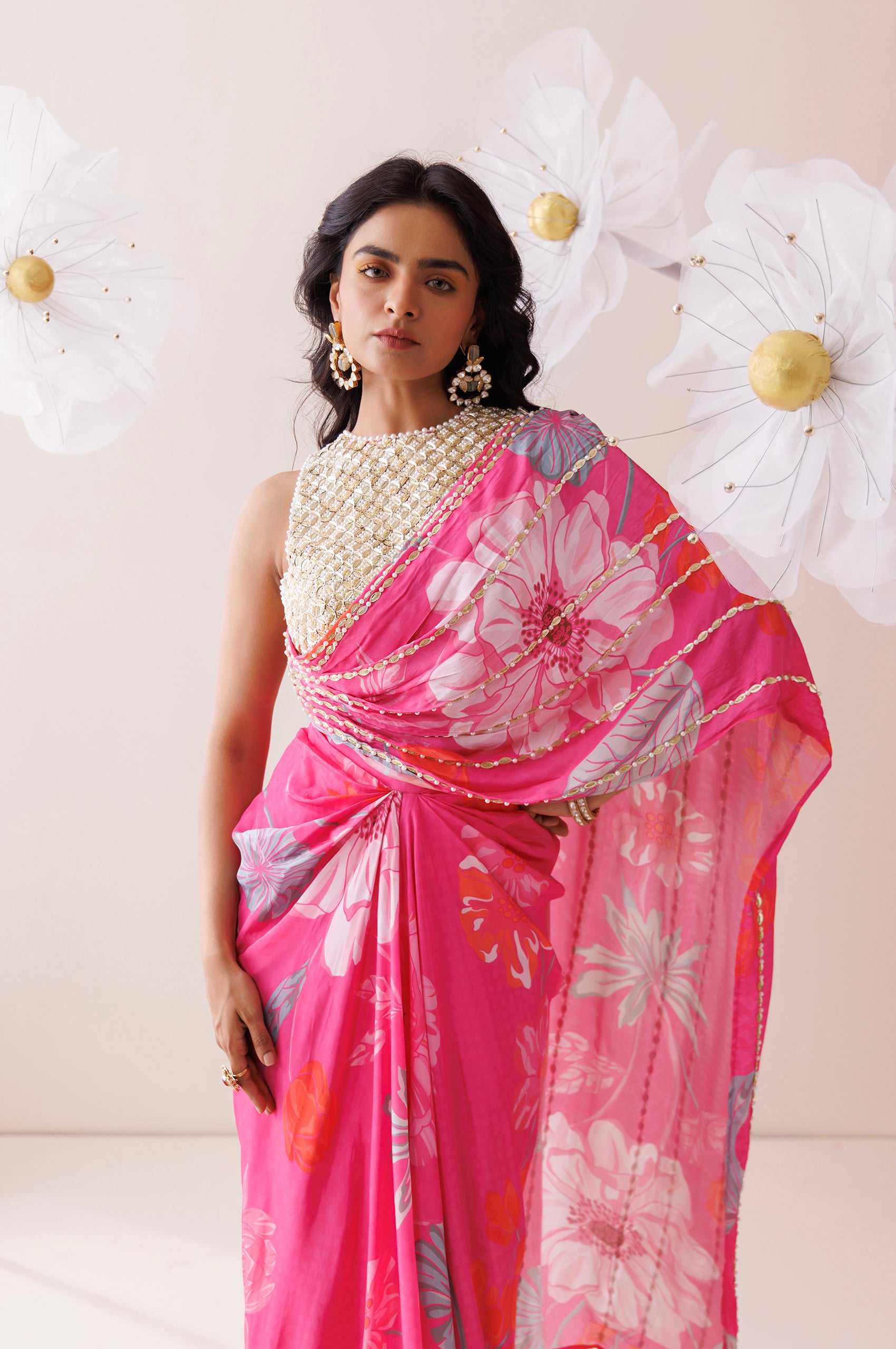 Pink and Golden Saree Style Co-ord Set image 2