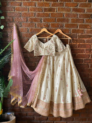 Ivory and Pink Resham and Mirror Hand Embroidered Lehenga Set image 2