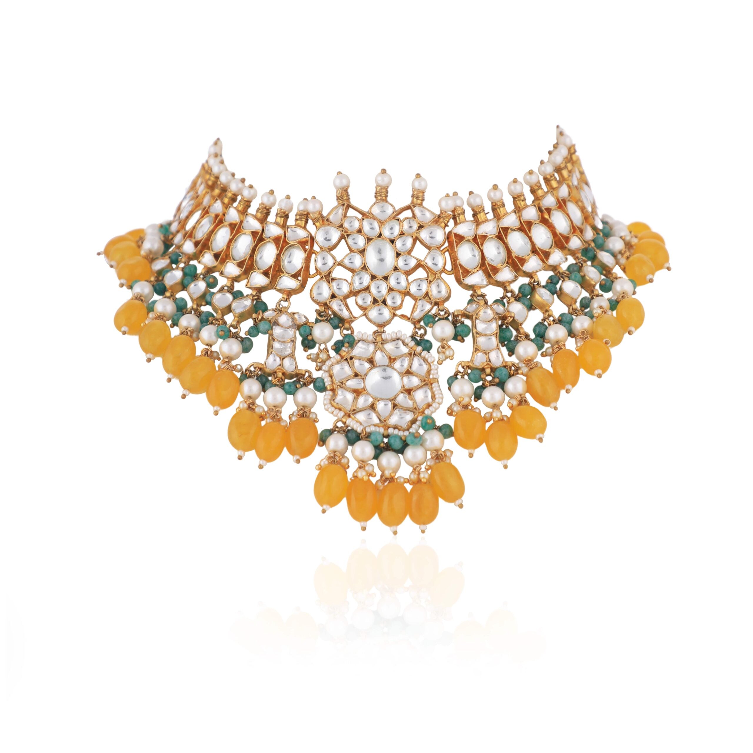 Yellow Beads And Sea Green Jadtar Necklace image 2